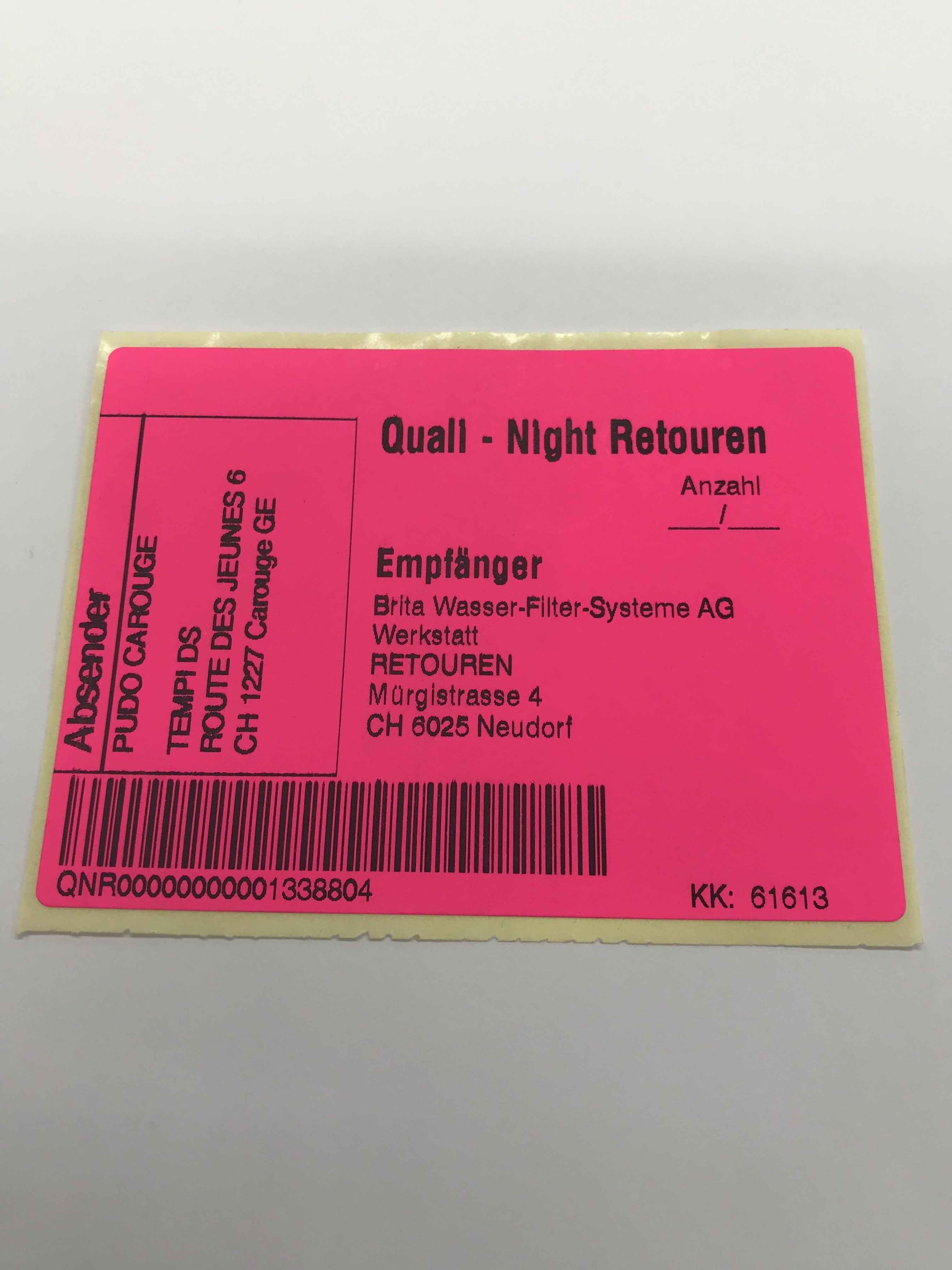 Gebrauchte Retourenetikette Qualinight