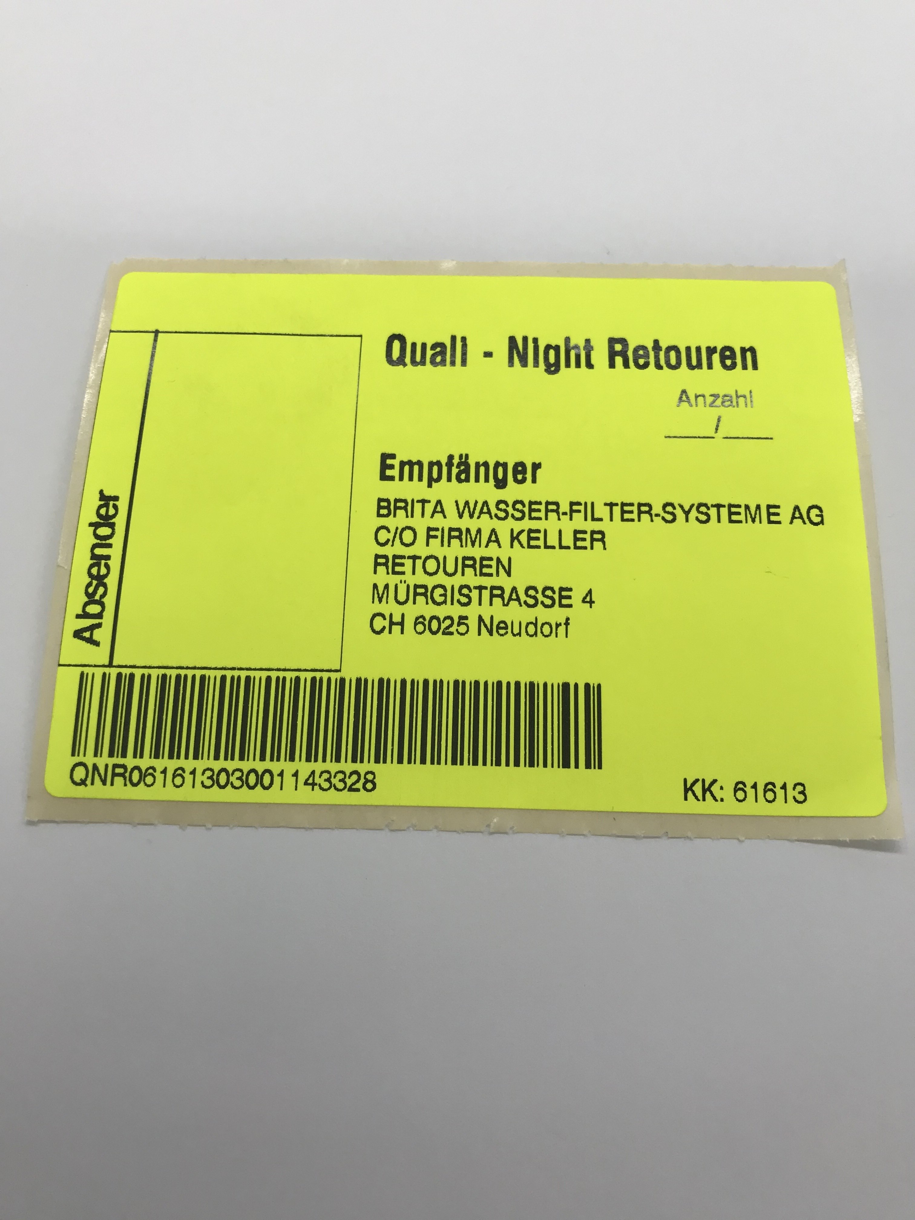 Ungebrauchte Retourenetikette Qualinight 